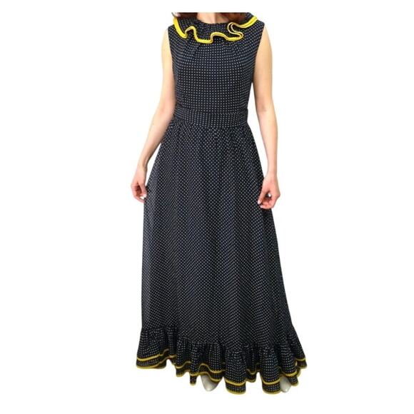 Vintage Miss Elliette VTG Maxi Dress Polka Dot Ruffle Peter Pan Collar Bow 60s - Picture 1 of 13